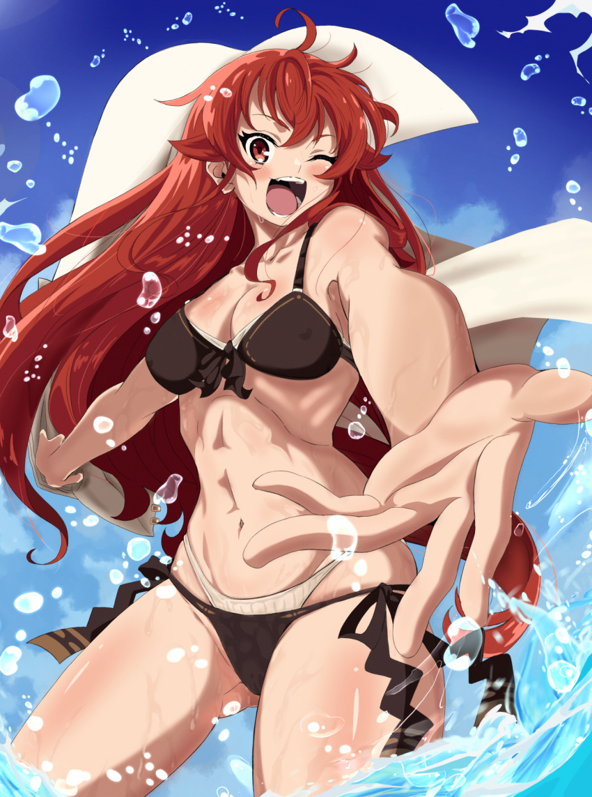 1girl ahoge ass_visible_through_thighs bikini black_bikini breasts cape cleavage collarbone cowboy_shot eris_greyrat foreshortening front-tie_bikini_top front-tie_top highleg highleg_bikini highres kou_(spad7u59) layered_bikini long_hair looking_at_viewer medium_breasts mushoku_tensei navel one_eye_closed open_mouth reaching reaching_towards_viewer red_hair ribs side-tie_bikini_bottom sky solo splashing standing swimsuit thighs two-tone_bikini water white_bikini white_cape