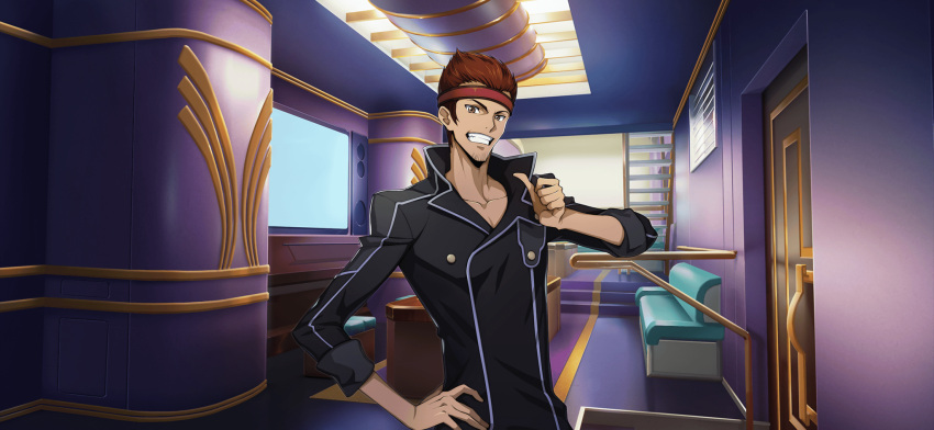 1boy artist_request bench black_jacket brown_eyes brown_hair buttons code_geass code_geass:_lost_stories collarbone door facial_hair game_cg goatee_stubble grin hand_on_own_hip hand_up happy headband highres indoors jacket looking_at_viewer male_focus non-web_source official_art pectoral_cleavage pectorals pointing pointing_at_self red_headband short_hair sidelocks smile solo spiked_hair stairs standing stubble tamaki_shin'ichirou teeth television thumbs_up upper_body v-shaped_eyebrows