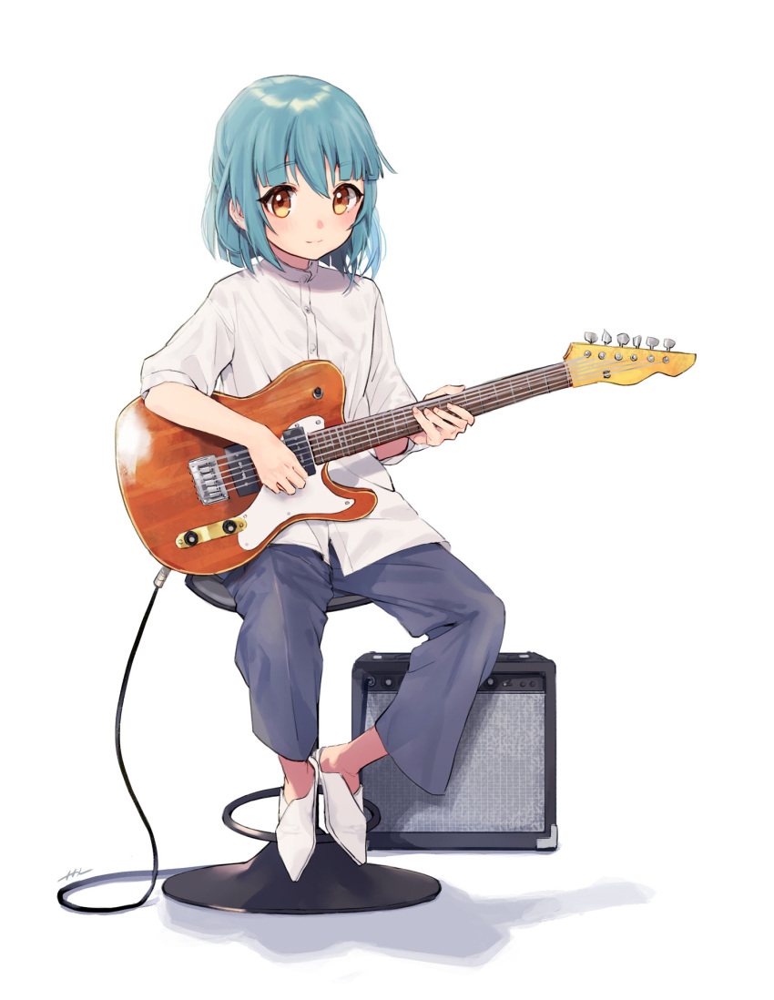 1girl amplifier blue_hair blush cable electric_guitar guitar highres holding holding_instrument instrument looking_at_viewer music naname_(7name) original pants playing_instrument short_hair sitting smile solo stool yellow_eyes