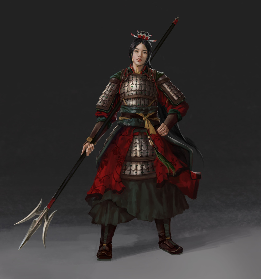 1girl absurdres armor black_background black_hair cape chinese_armor chinese_empire fangtian_ji green_cape han_dynasty hand_on_own_hip highres holding holding_polearm holding_weapon illustrator_noob ji_(weapon) lamellar_armor looking_at_viewer lu_ji polearm romance_of_the_three_kingdoms shoulder_armor solo standing total_war:_three_kingdoms weapon