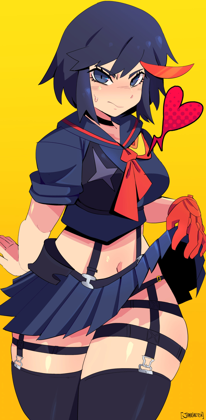 1girl absurdres black_choker choker clothes_lift garter_straps gloves heart highres jiansketch kill_la_kill lifted_by_self living_clothes matoi_ryuuko midriff multicolored_hair navel red_gloves senketsu short_hair skirt skirt_lift solo standing streaked_hair suspenders thick_thighs thighhighs thighs two-tone_hair yellow_background