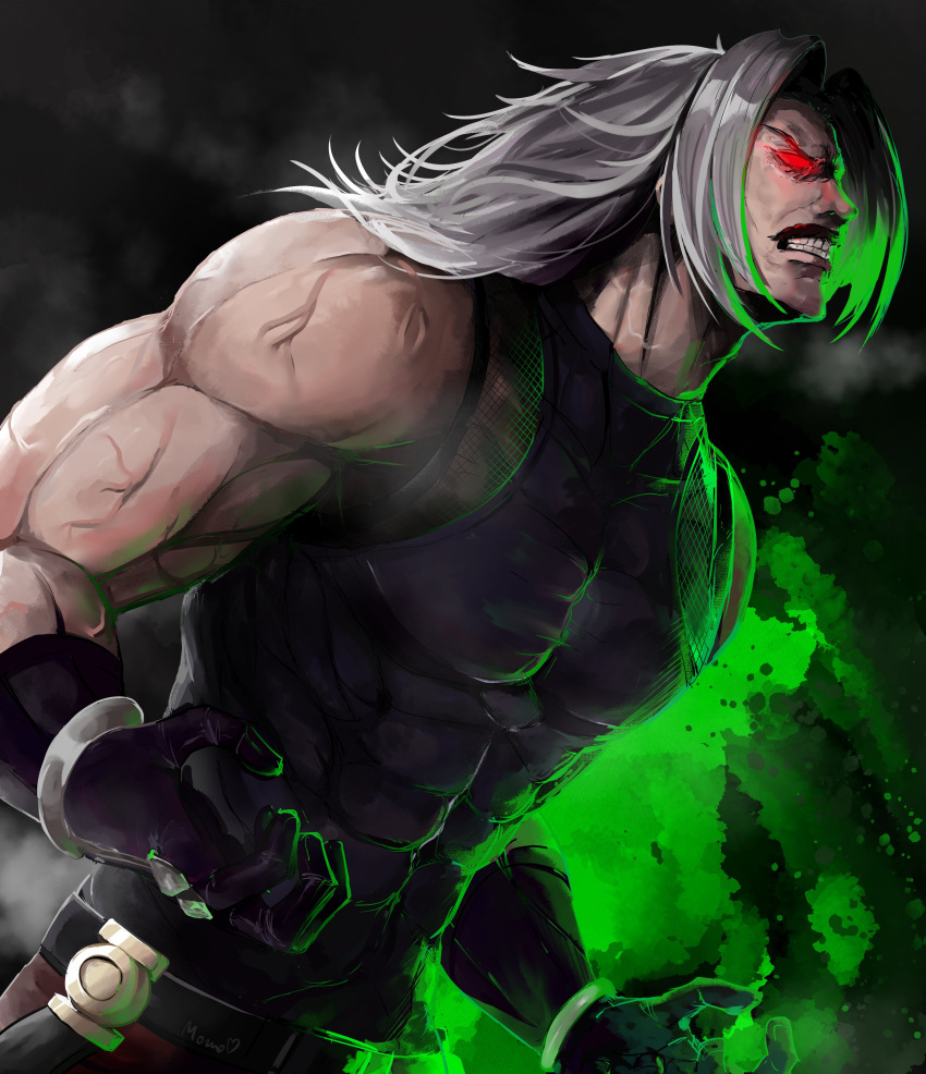 absurdres clenched_teeth facial_hair glowing glowing_eye green_background highres momorikihana mustache omega_rugal red_eyes rugal_bernstein teeth the_king_of_fighters the_king_of_fighters_xv veins white_hair