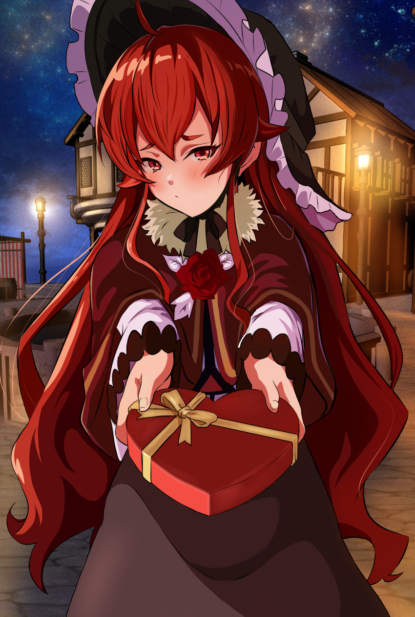 1girl absurdres ahoge black_headwear box dress eris_greyrat frilled_hat frills gift hat heart-shaped_box highres holding holding_box holding_gift incoming_gift kou_(spad7u59) long_hair long_sleeves looking_at_viewer mushoku_tensei neck_flower night night_sky outdoors reaching reaching_towards_viewer red_dress red_eyes red_hair sky solo star_(sky) starry_sky valentine