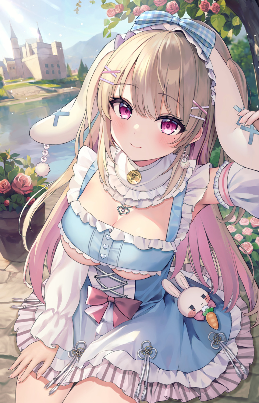 1girl animal_ears aria_(ariacue) armpits ayaginu_temari blonde_hair blue_dress bow breasts brown_hair carrot castle cleavage colored_inner_hair detached_sleeves dress earrings floppy_ears flower hair_bow hair_ornament hairband hairclip highres isekai_tensei_shite_v_ni_narimashita jewelry large_breasts long_sleeves mole mole_under_eye multicolored_hair pink_bow pink_eyes pink_hair plant potted_plant rabbit rabbit_ears rabbit_ornament revision rose smile solo two_side_up underboob virtual_youtuber