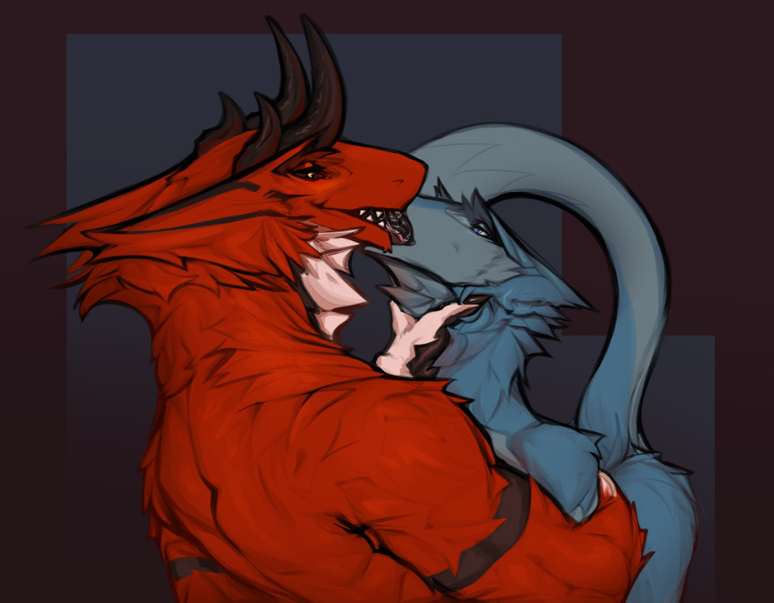 2024 abstract_background allanthesergal52_(artist) anthro claws duo french_kissing fur holding_neck holding_waist horn kissing male male/male muscular neck_tuft open_mouth raised_tail sergal sharp_teeth tail teeth tongue tongue_out tuft