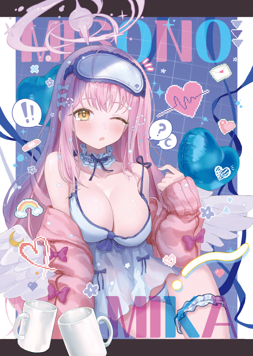 ! !! 1girl angel_wings blue_archive blue_camisole blue_panties blush bow breasts camisole character_name cleavage cup dano feathered_wings hair_bow heart highres jacket large_breasts long_hair looking_at_viewer mika_(blue_archive) one_eye_closed open_clothes open_jacket panties parted_lips pink_hair pink_jacket solo spoken_exclamation_mark underwear white_bow white_wings wings yellow_eyes