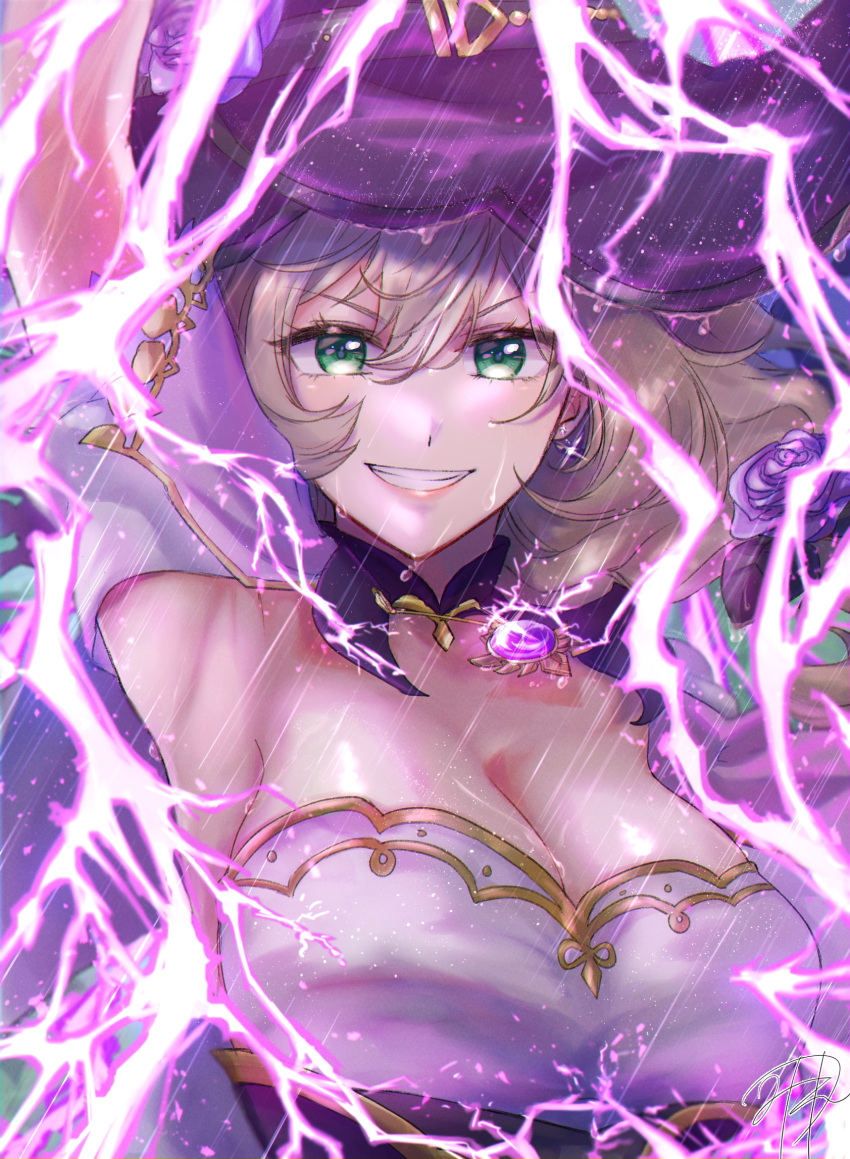 1girl armpits bare_shoulders breasts brown_hair cleavage corset electricity evil_smile genshin_impact green_eyes hair_between_eyes hat highres hotoritan imminent_fight large_breasts lisa_(genshin_impact) looking_at_viewer orb outdoors purple_corset purple_headwear rain smile thunder upper_body v-shaped_eyebrows water_drop witch_hat