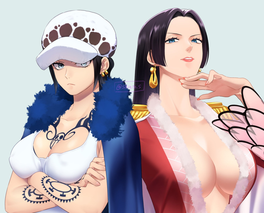 2girls arm_tattoo black_hair blue_eyes boa_hancock breast_tattoo breasts cape cleavage closed_mouth commentary_request covered_nipples crop_top crossed_arms earrings epaulettes eyelashes frown fur_cape fur_hat genderswap genderswap_(mtf) grey_eyes hand_on_own_chin hand_tattoo hat highres jewelry large_breasts lips long_hair long_sleeves looking_at_viewer multiple_girls one_piece parted_lips pink_lips pink_nails shinto_s short_hair simple_background snake_earrings tank_top tattoo teeth trafalgar_law twitter_username upper_body white_cape white_tank_top