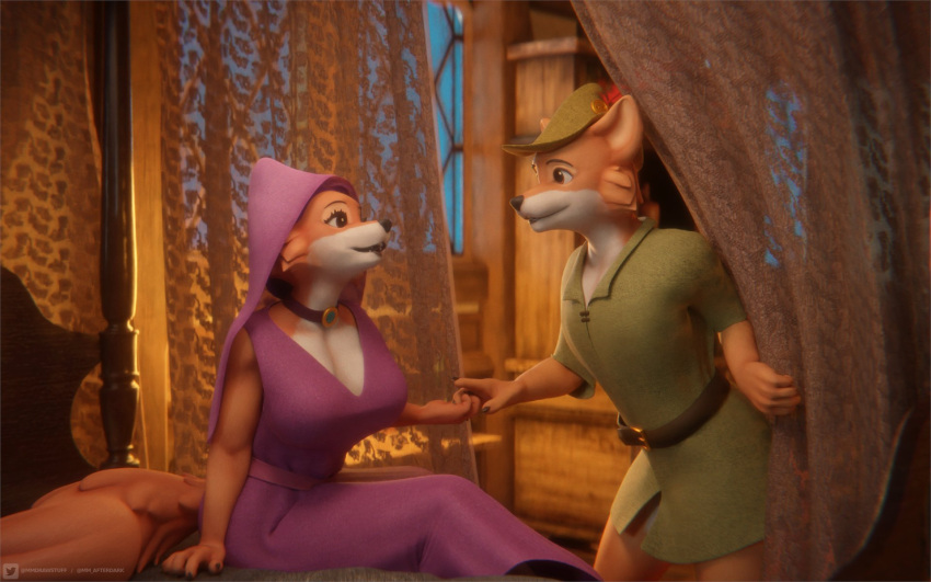 16:10 3d_(artwork) 5_fingers anthro bed bedroom big_breasts biped black_nose blender_(software) breasts brown_eyes canid canine canis cheek_tuft claws cleavage clothed clothing collar digital_media_(artwork) disney duo facial_tuft female fingers fox fur furniture hand_holding hi_res looking_at_viewer maid_marian male mammal mmad on_bed open_mouth orange_body orange_fur red_fox robin_hood robin_hood_(disney) sitting sitting_on_bed smile standing text tuft twitter username white_body white_fur widescreen