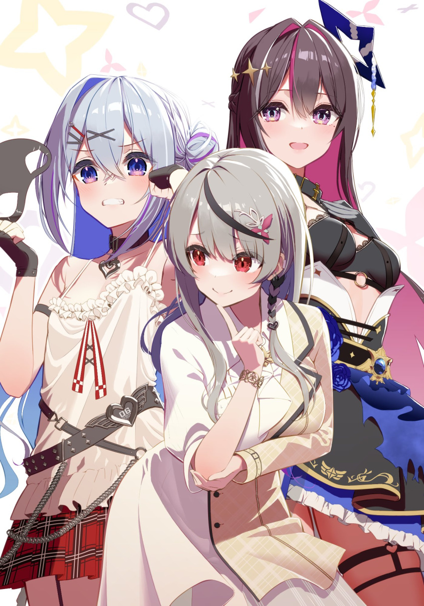 3girls amane_kanata amane_kanata_(another_world) amane_kanata_(cosplay) arm_strap azki_(4th_costume)_(hololive) azki_(hololive) azki_(hololive)_(cosplay) belt black_belt black_bra black_gloves black_hair blue_hair bra breasts camisole collared_dress colored_inner_hair cosplay costume_switch dress eye_mask fingerless_gloves frilled_camisole frills gloves grey_hair hair_between_eyes hair_intakes hair_ornament halo heart_o-ring high-waist_skirt highres holding holding_mask hololive kuronaga lace-trimmed_bra lace_trim long_hair looking_at_another mask medium_breasts multicolored_hair multiple_belts multiple_girls o-ring o-ring_thigh_strap pink_eyes pink_hair plaid plaid_skirt pleated_skirt purple_eyes red_eyes red_skirt sakamata_chloe sakamata_chloe_(1st_costume) sakamata_chloe_(cosplay) skirt small_breasts star_halo streaked_hair thigh_strap underwear upper_body very_long_hair virtual_youtuber white_camisole white_dress