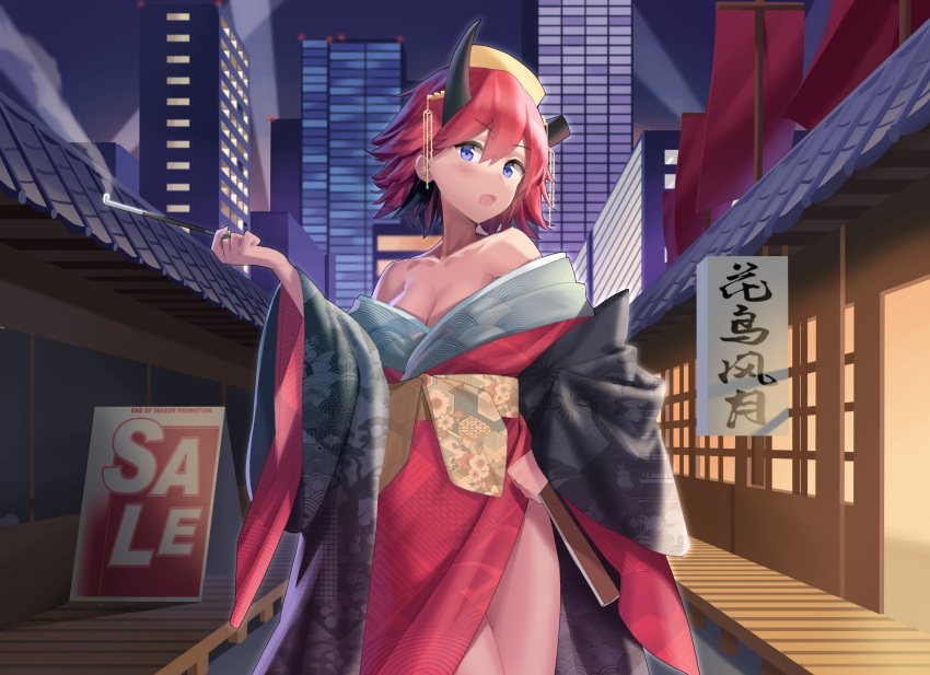 1girl architecture banner black_horns blue_eyes blush breasts broken_horn building city cleavage commentary_request cowboy_shot east_asian_architecture floral_print folding_fan hair_between_eyes hand_fan head_tilt highres holding holding_fan holding_smoking_pipe horns japanese_clothes kimono kiseru looking_at_viewer medium_bangs medium_breasts nekokatana_catana obi off_shoulder open_mouth original phoenix_crown print_sash red_hair red_kimono sale sash scenery seigaiha short_hair shouji sign skyscraper sliding_doors smile smoking_pipe solo wide_sleeves yellow_sash