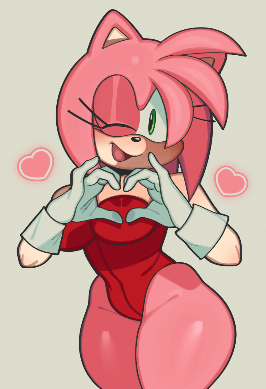 absurd_res amy_rose anthro bare_shoulders big_breasts big_butt black_nose breasts butt clothing eulipotyphlan eyelashes female fiinel fur gesture glistening glistening_body gloves green_eyes grey_background hair hand_heart handwear hedgehog hi_res leotard looking_at_viewer mammal one_eye_closed open_mouth pink_body pink_fur pink_hair red_clothing red_leotard sega simple_background smile solo sonic_the_hedgehog_(series) thick_thighs white_clothing white_gloves white_handwear wink