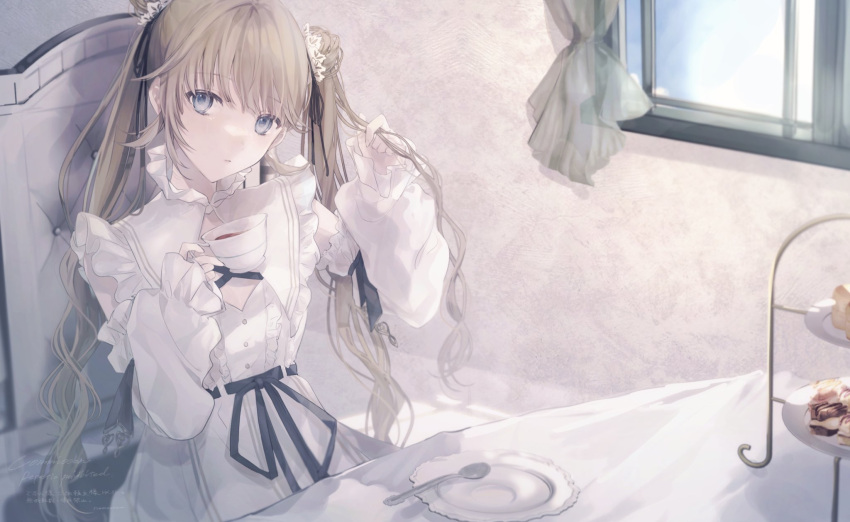1girl black_ribbon blue_eyes capelet cattleya_regina_games center_frills chair cup curly_hair detached_sleeves double_bun dress english_text frilled_capelet frills hair_bun hair_ribbon hanabusa_lisa highres holding holding_cup holding_own_hair long_hair nemuriimn parted_lips ribbon sidelocks sitting solo swept_bangs teacup teaspoon tiered_tray twintails very_long_hair virtual_youtuber vspo! white_capelet white_dress youtube