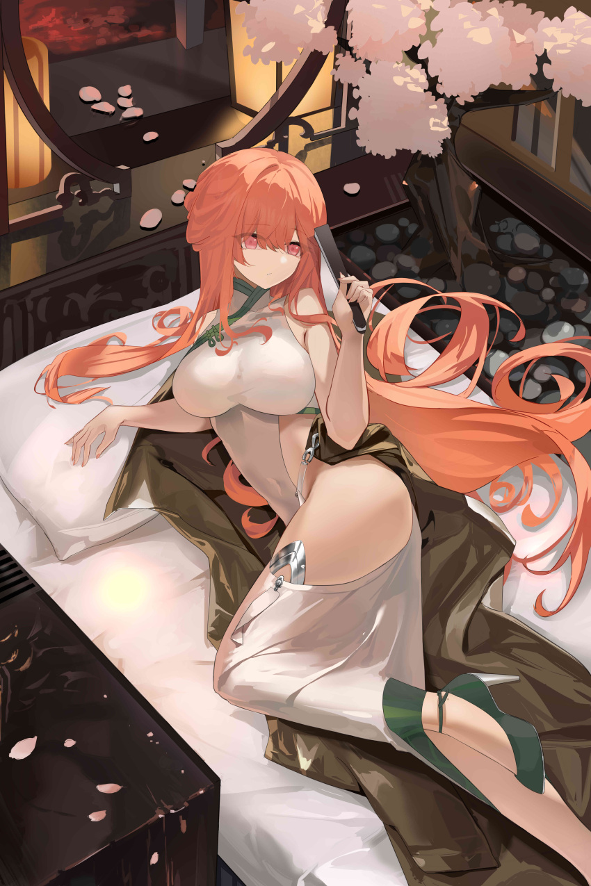 1girl absurdres azur_lane bare_shoulders breasts china_dress chinese_clothes dress foot_out_of_frame green_footwear hair_between_eyes hand_fan high_heels highres holding holding_fan large_breasts lilin_(pixiv_25958194) long_hair lying official_alternate_costume on_bed on_side perseus_(azur_lane) perseus_(spring_lackadaisical_leisure)_(azur_lane) pillow pink_eyes pink_petals red_hair shoes sideless_outfit sleeveless sleeveless_dress solo stone_floor very_long_hair white_dress