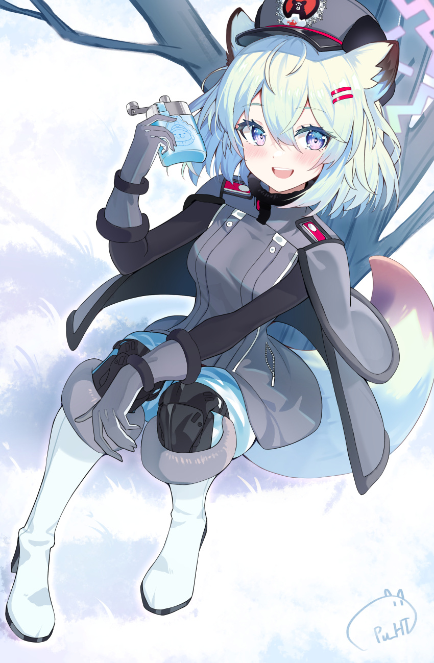 1girl absurdres animal_ears blue_archive blush boots breasts capelet fur_hat gloves green_hair grey_capelet grey_gloves grey_headwear hair_between_eyes hair_ornament hairclip halo hat highres holding long_sleeves medium_breasts medium_hair open_mouth pu_ht purple_eyes purple_halo shigure_(blue_archive) signature smile solo tail ushanka weasel_ears weasel_tail white_footwear