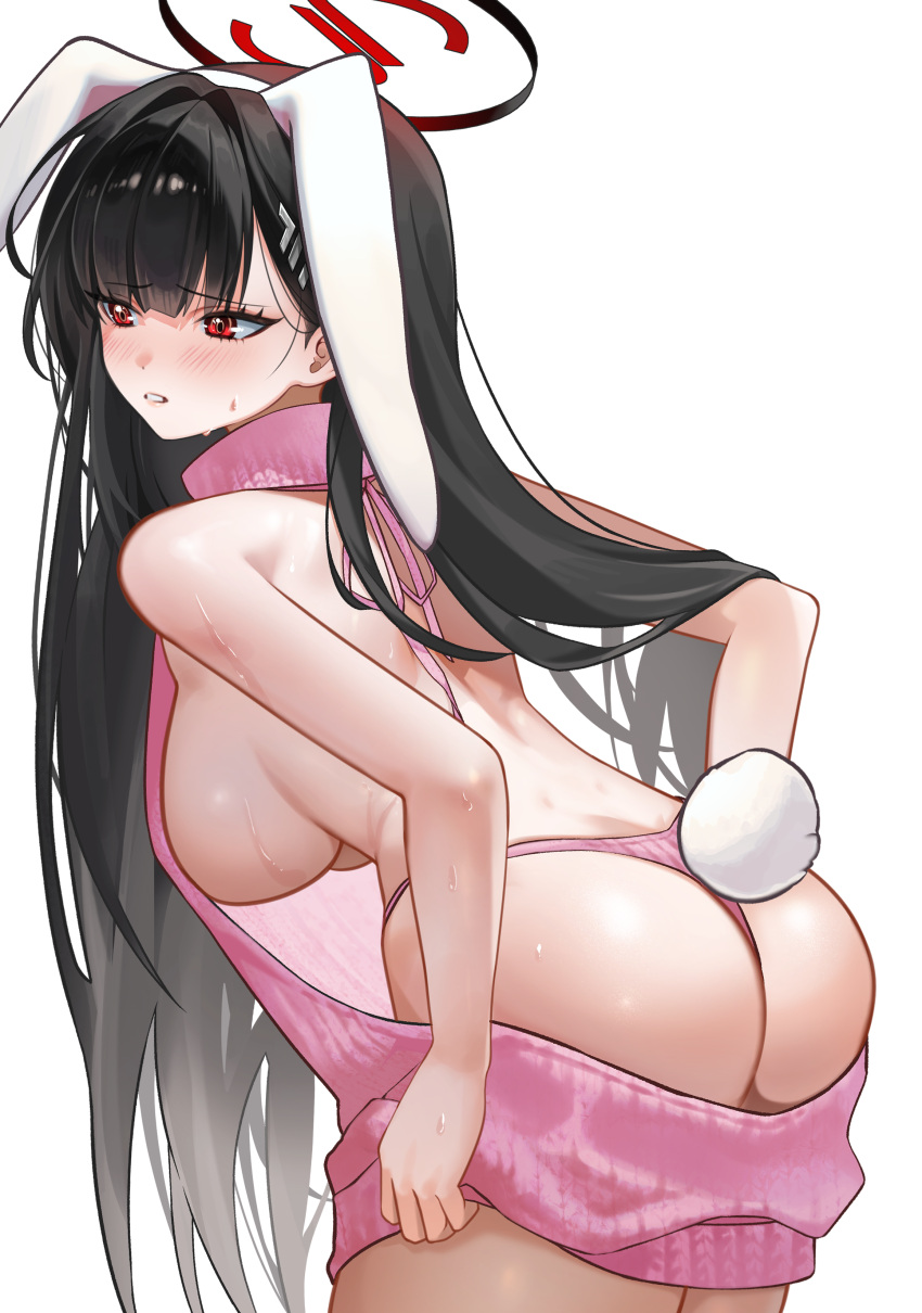 1girl absurdres alternate_costume animal_ears ass backless_outfit black_hair blue_archive blush breasts bright_pupils cowboy_shot daehoak dress fake_animal_ears fake_tail from_behind furrowed_brow hair_ornament hairpin halo highres leaning_forward long_hair medium_breasts meme_attire open_mouth panties parted_lips pink_panties pink_sweater rabbit_ears rabbit_tail red_eyes rio_(blue_archive) sideboob simple_background skirt_hold solo sweater sweater_dress tail underwear virgin_killer_sweater white_background white_pupils