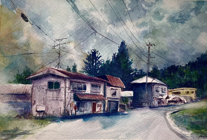 blue_sky building cloud cloudy_sky day door garage highres house no_humans original painting_(medium) power_lines road rural shibakaka sky sliding_doors traditional_media tree utility_pole watercolor_(medium) window