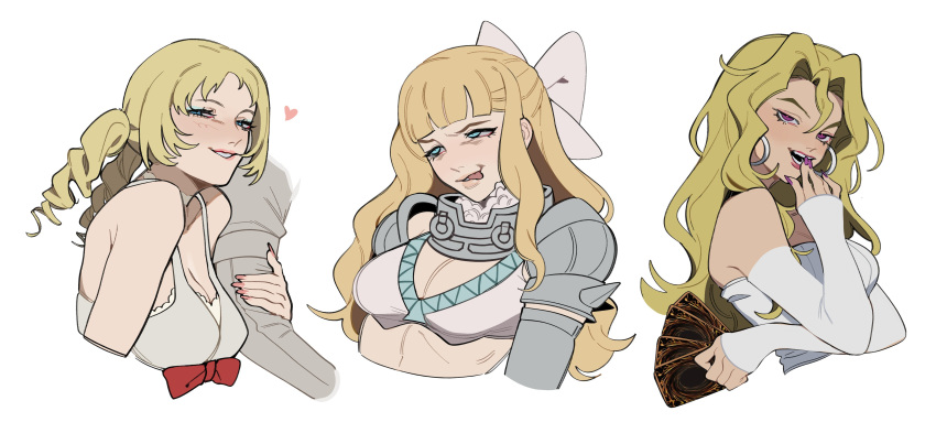 3girls absurdres armor biting_own_lip blonde_hair blue_eyes blue_eyeshadow blunt_bangs bow card catherine catherine_(game) charlotte_(fire_emblem) disembodied_limb dress drill_hair earrings eyeshadow fire_emblem fire_emblem_fates hair_bow hand_on_own_face heart highres holding holding_another's_arm holding_card hoop_earrings jewelry kujaku_mai long_sleeves looking_at_viewer makeup multiple_girls open_mouth parted_lips pauldrons pink_eyes pink_nails porqueloin red_ribbon ribbon shirt shoulder_armor simple_background teeth tongue tongue_out twin_drills upper_body white_background white_bow white_dress white_shirt yu-gi-oh!