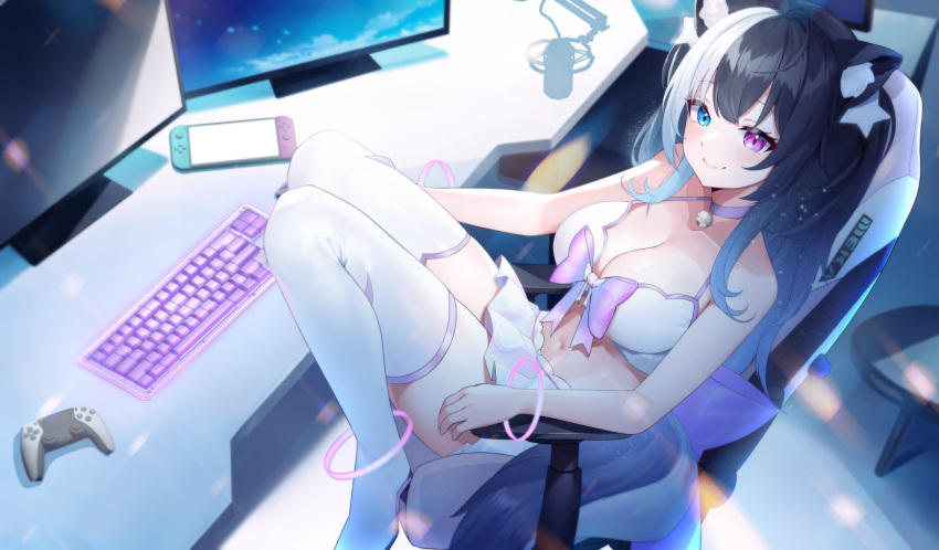 1girl animal_ears bell black_hair blue_eyes bow bra breasts chair collar controller dog_ears dog_girl dog_tail game_controller gaming_chair heterochromia highres indie_virtual_youtuber kaiend keyboard_(computer) large_breasts long_hair midriff miniskirt monitor multicolored_hair navel neck_bell nintendo_switch purple_bow purple_collar purple_eyes second-party_source shadow sitting skirt solo spacedog_eirene swivel_chair tail thighhighs two-tone_hair underwear virtual_youtuber white_bra white_hair white_skirt white_thighhighs