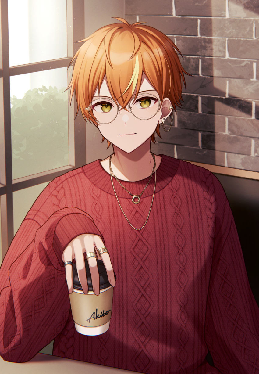 1boy blonde_hair closed_mouth coffee_cup cup desk disposable_cup earrings glasses green_eyes hair_between_eyes highres holding holding_cup jewelry long_sleeves male_focus multicolored_hair necklace orange_hair project_sekai red_sweater shinonome_akito short_hair smile solo sweater teneko02 window