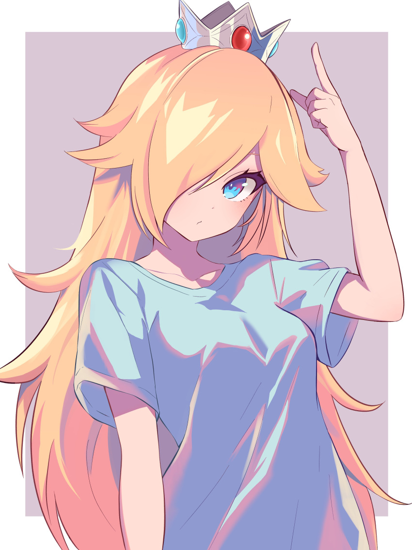 1girl absurdres alternate_costume blonde_hair blue_eyes blue_shirt closed_mouth collarbone crown eyelashes hair_over_one_eye highres index_finger_raised long_bangs long_hair looking_at_viewer mario_(series) pointing pointing_up rosalina ryu160303 shirt short_sleeves solo upper_body very_long_hair