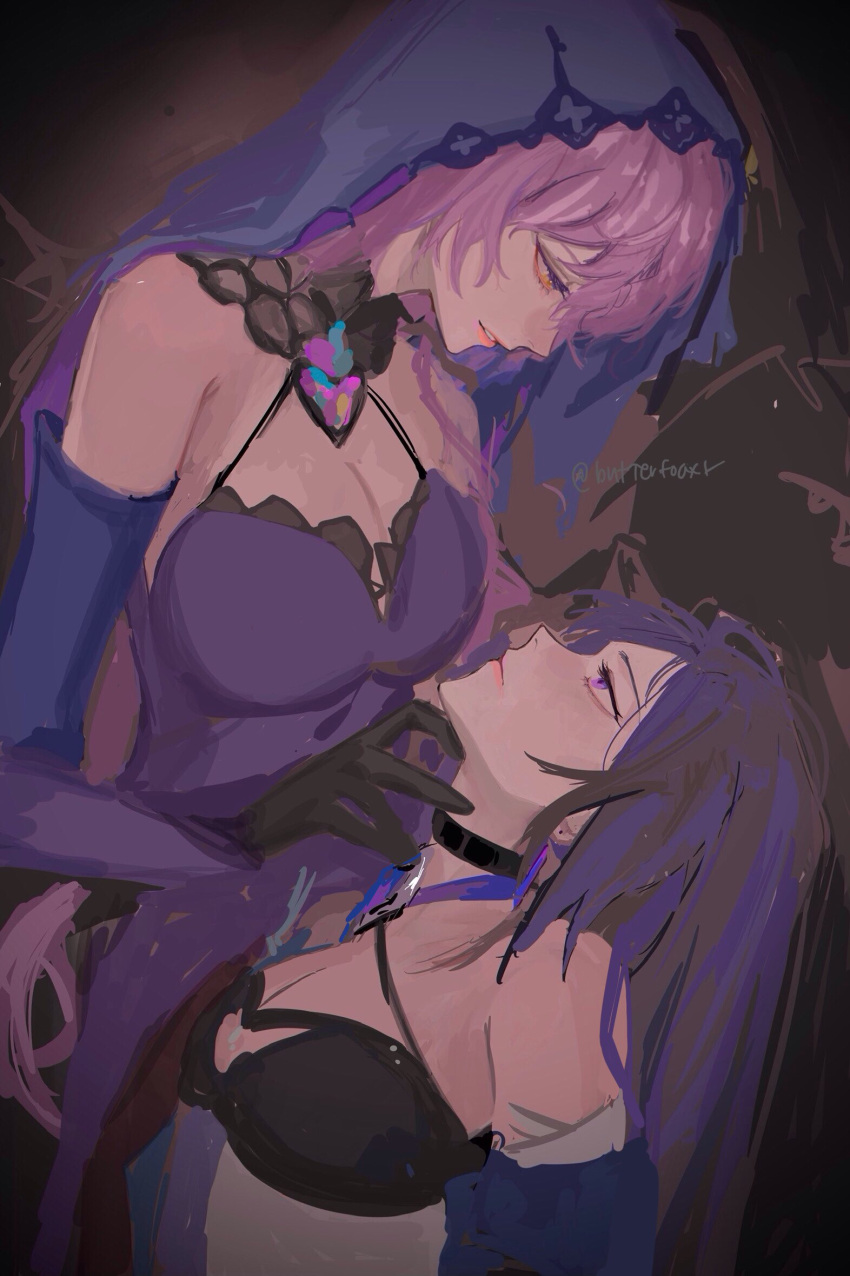 2girls acheron_(honkai:_star_rail) bare_shoulders black_choker black_swan_(honkai:_star_rail) breasts buttertoaxt choker cleavage commentary dress halter_dress halterneck highres honkai:_star_rail honkai_(series) long_hair looking_at_another multiple_girls purple_dress purple_hair sleeveless sleeveless_dress unfinished upper_body veil very_long_hair yuri