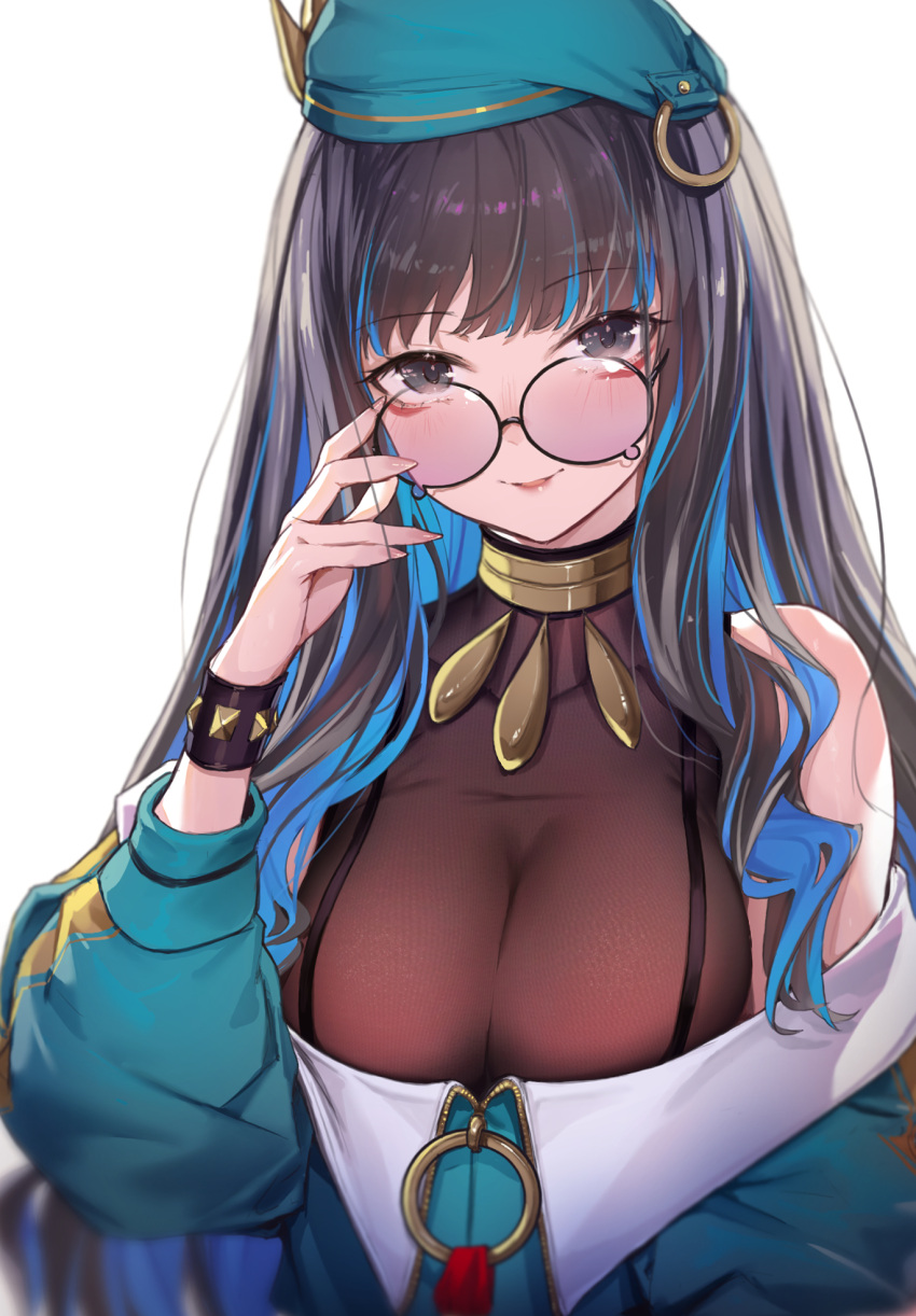 1girl bare_shoulders beret black_hair blue_hair bracelet breasts cleavage colored_inner_hair eyeliner fate/grand_order fate_(series) green_hat green_jacket grey_eyes hat highres jacket jewelry large_breasts long_hair long_sleeves looking_at_viewer makeup multicolored_hair neck_ring o-ring off_shoulder round_eyewear see-through see-through_cleavage sidelocks smile solo sunglasses tenochtitlan_(fate) tenochtitlan_(second_ascension)_(fate) tinted_eyewear ura_illust