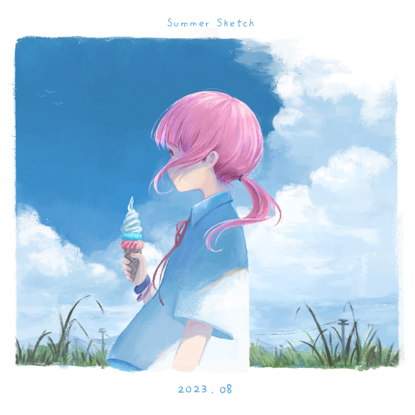 1girl blue_sky border cloud cloudy_sky collared_shirt commentary_request dannychuchi dated day english_text floating_hair from_side grass hand_up highres holding holding_ice_cream_cone ice_cream_cone kaf_(kamitsubaki_studio) kamitsubaki_studio long_hair looking_to_the_side low_ponytail outdoors pink_hair pink_ribbon power_lines profile ribbon rural shirt short_sleeves sidelocks sky solo summer upper_body utility_pole virtual_youtuber white_border white_shirt wind