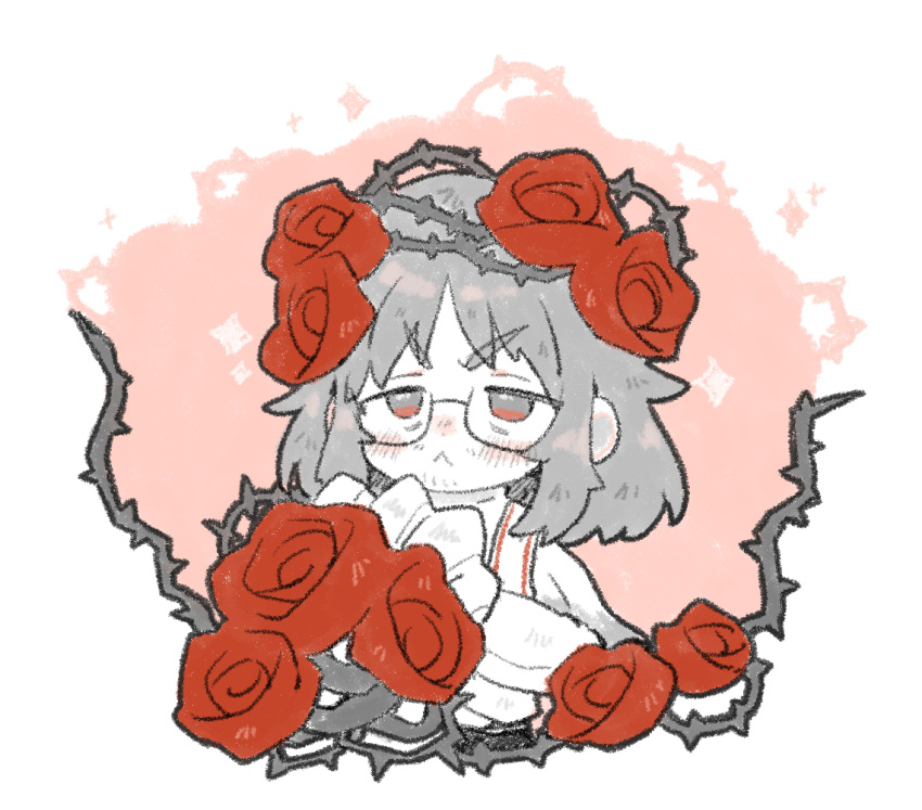 1boy :&lt; bouquet closed_mouth coat crown_of_thorns e.g.o_(project_moon) flower glasses gregor_(project_moon) grey_hair holding holding_bouquet limbus_company long_sleeves medium_hair project_moon red_eyes red_flower red_rose rose solo stole uchimura_(rino0525) upper_body white_coat