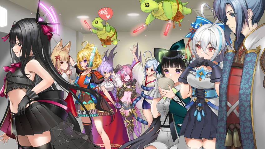 1boy 6+girls :d ahoge animal_ear_fluff animal_ears black_gloves black_hair black_skirt blonde_hair blue_bow blue_eyes blue_hair blush bow bowl braid ceiling_light colored_skin crop_top curled_horns demon_girl demon_horns dmm_castle_(oshiro_project) edo_(oshiro_project) ethnea_(sennen_sensou_aigis) flower_on_chest flying_turtle fox_ears frilled_shirt frills gloves glowing_headgear green_bow hair_between_eyes hair_bow hand_fan heart heart_ahoge highres holding holding_bowl holding_fan holding_glowstick horns idol indoors long_skirt looking_at_another lord_(oshiro_project) miniskirt monster_musume_td multicolored_hair multiple_girls navel official_art oshiro_project:re pink_hair pink_skin platinum_(monmusu_td) pleated_skirt ponytail purple_eyes red_eyes red_skirt second-party_source senko_(oshiro_project) sennen_sensou_aigis shigisan_(oshiro_project) shirt short_shorts shorts single_thighhigh skirt sleeveless sleeveless_shirt smile streaked_hair tassel thighhighs torii_hair_ornament turtle white_gloves white_hair wings yakumo_(oshiro_project) yanagawa_(oshiro_project) zettai_ryouiki