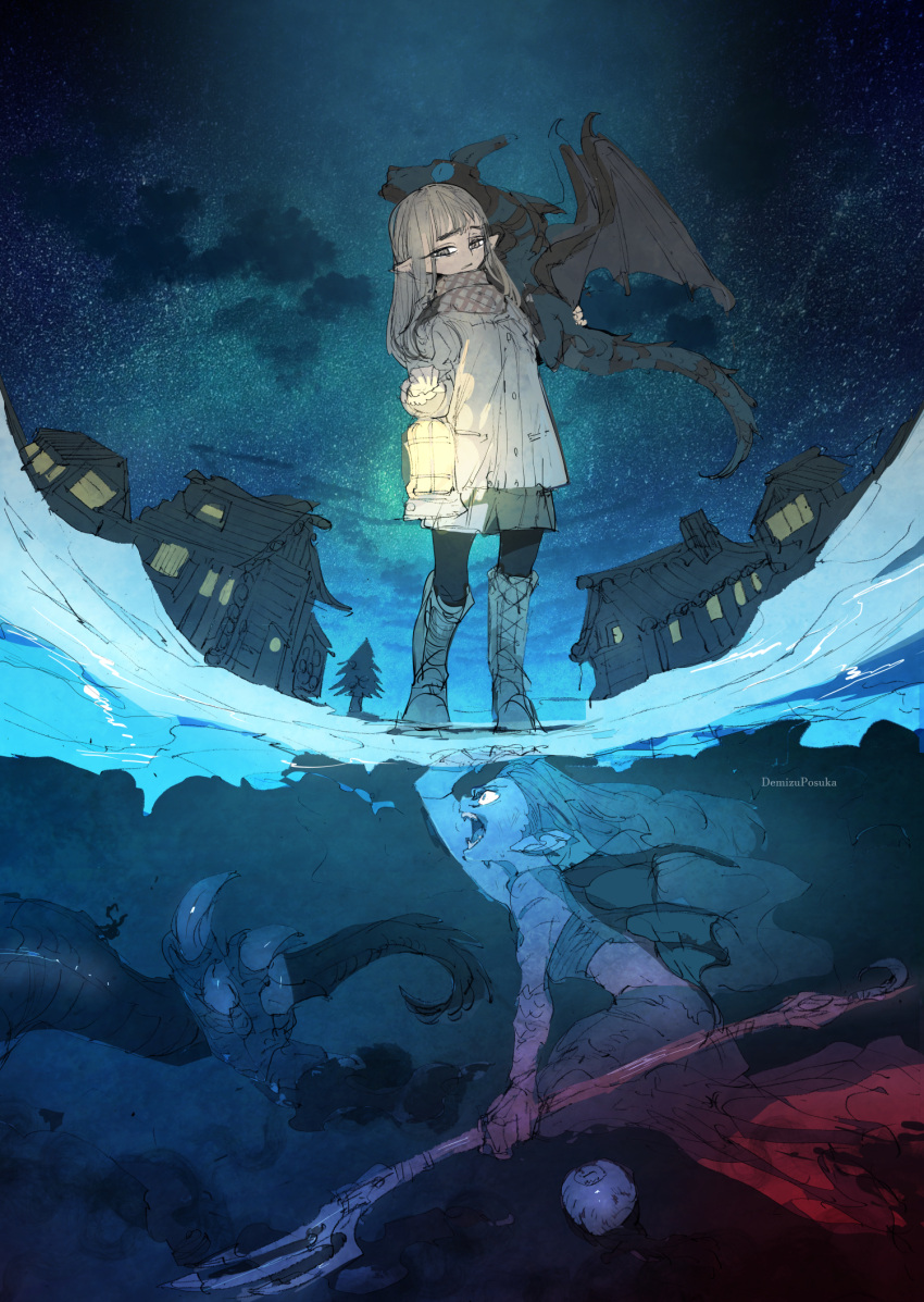 2girls artist_name blunt_bangs boots colored_skin demizu_posuka dragon giant glowing grey_hair highres holding holding_lantern holding_polearm holding_weapon horns house knee_boots lantern long_hair monster multiple_girls night night_sky original outdoors pantyhose partially_underwater_shot pointy_ears polearm scales scarf sky standing star_(sky) starry_sky tree water weapon wings