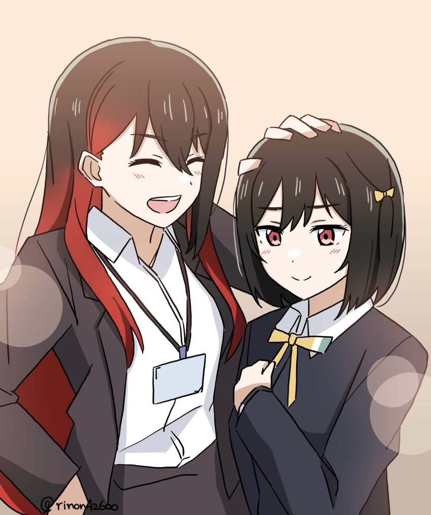 2girls black_hair black_jacket closed_eyes closed_mouth collared_shirt commentary_request facing_another grey_jacket grey_skirt hair_ribbon hand_on_another's_head hand_on_own_hip headpat highres jacket lanyard long_hair long_sleeves love_live! love_live!_nijigasaki_high_school_idol_club mifune_kaoruko mifune_shioriko multicolored_hair multiple_girls neck_ribbon nijigasaki_academy_school_uniform open_clothes open_jacket orange_background red_eyes red_hair ribbon rinon42600 school_uniform shirt short_hair siblings sisters skirt smile standing streaked_hair teeth upper_body upper_teeth_only white_shirt winter_uniform yellow_ribbon
