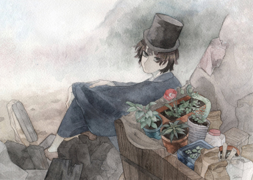 1boy androgynous black_eyes black_hat bottle brown_hair flower hat highres japanese_clothes kimono kz_m_i looking_at_viewer male_focus original painting_(medium) plant potted_plant shoes short_hair sitting socks solo top_hat traditional_media watercolor_(medium) white_socks