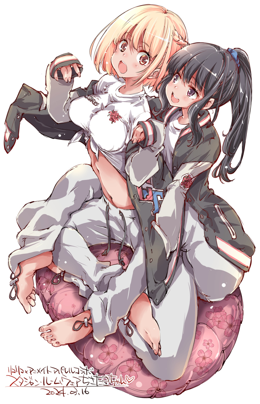 2girls barefoot black_hair braid breasts cushion feet highres inoue_takina jacket large_breasts long_hair looking_at_another lycoris_recoil multiple_girls navel nishikigi_chisato open_mouth orange_eyes pants ponytail purple_eyes scrunchie shirt short_hair simple_background sitting sitting_on_person sleeves_past_wrists smile teeth tied_shirt toes upper_teeth_only white_background yazawa_mana yuri