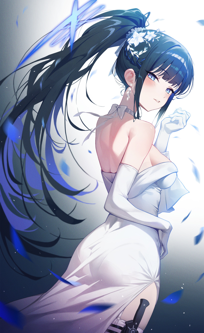 1girl absurdres ass black_hair blue_archive blue_eyes blue_halo blush choker cowboy_shot dress earrings elbow_gloves gloves halo highres jewelry long_hair looking_at_viewer ninebell official_alternate_costume open_mouth saori_(blue_archive) saori_(dress)_(blue_archive) smile solo strapless strapless_dress thighhighs white_choker white_dress white_gloves white_thighhighs