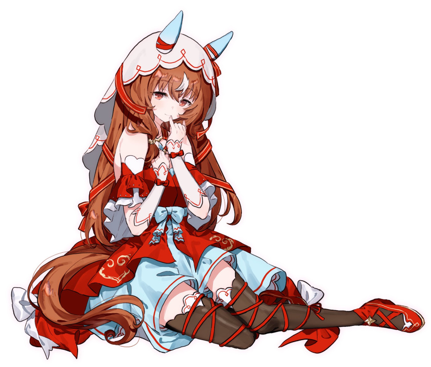 1girl animal_ears arm_garter bare_shoulders black_thighhighs blush breasts brown_hair closed_mouth collarbone commentary_request criss-cross_halter detached_sleeves dress ear_covers full_body hair_between_eyes hair_ornament hair_ribbon halterneck high_heels highres horse_ears horse_girl horse_tail long_hair looking_at_viewer lying migolu parted_lips red_dress red_eyes red_footwear ribbon shoes simple_background sleeveless sleeveless_dress small_breasts smile solo still_in_love_(umamusume) string tail thighhighs umamusume veil white_background