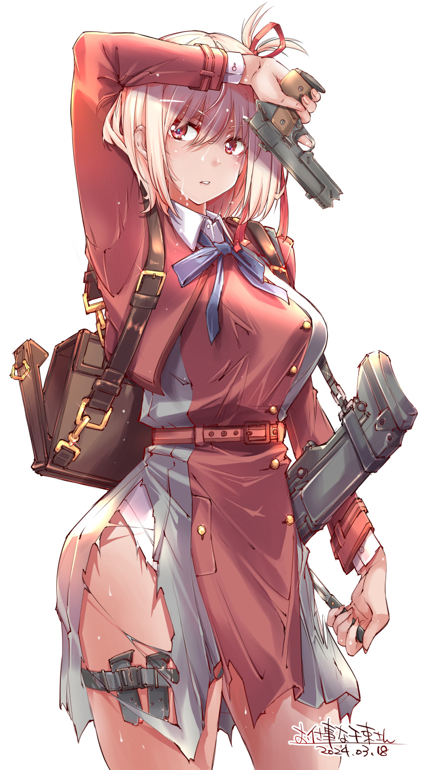 1girl absurdres arm_up bag belt blonde_hair breasts covering_face cowboy_shot dated gun hair_ribbon handgun highres holding holding_gun holding_knife holding_weapon knife knife_sheath large_breasts looking_to_the_side lycoris_recoil lycoris_uniform medium_hair nishikigi_chisato pink_eyes ribbon school_bag sheath simple_background skirt solo sweat torn_clothes torn_skirt weapon white_background yazawa_mana