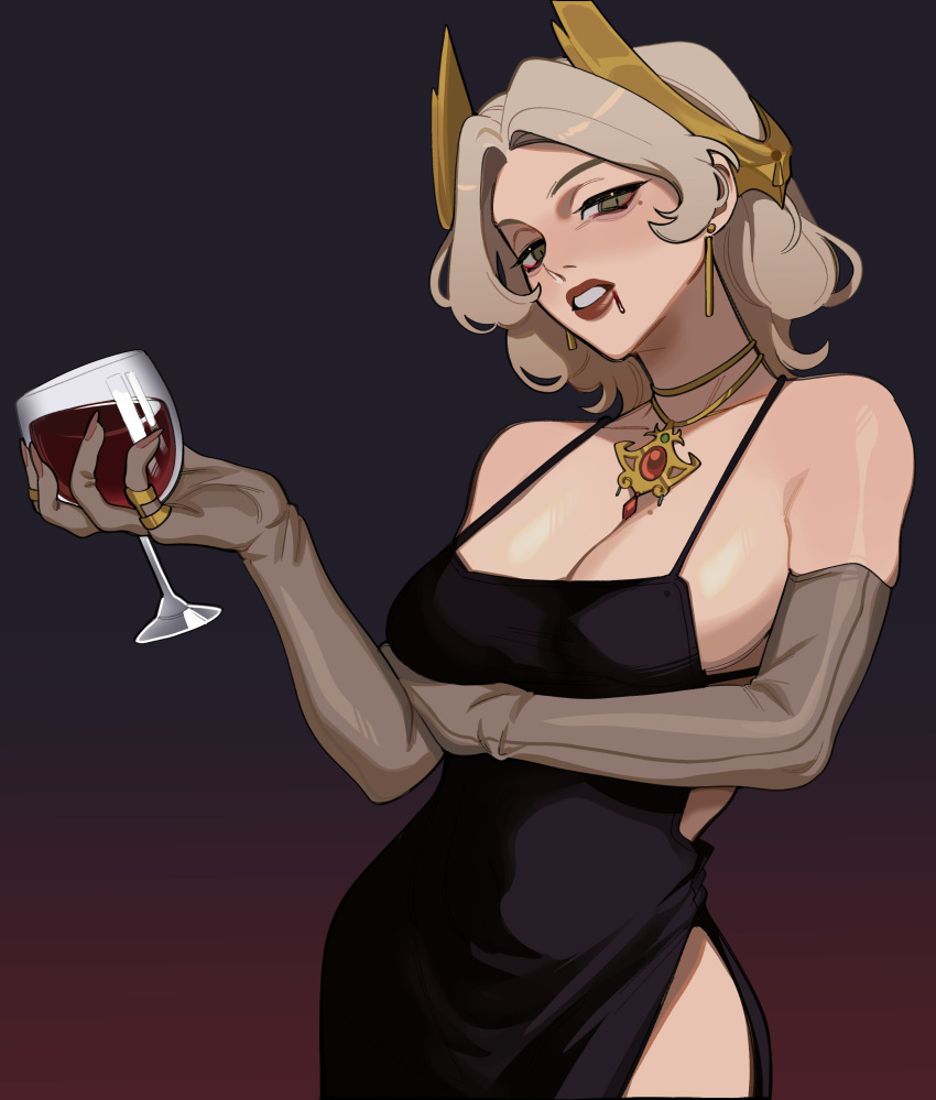 1girl absurdres black_dress black_eyes blonde_hair borrowed_character breasts cleavage cowboy_shot cup dark_background dress drinking_glass earrings elbow_gloves gloves gradient_background hair_ornament highres holding holding_cup jewelry large_breasts looking_at_viewer medium_hair mole mole_under_eye multiple_rings necklace no_bra original parted_lips porqueloin red_background red_lips red_wine ring seiha_(tipsytrains) side_slit sideboob simple_background solo standing teeth wine_glass