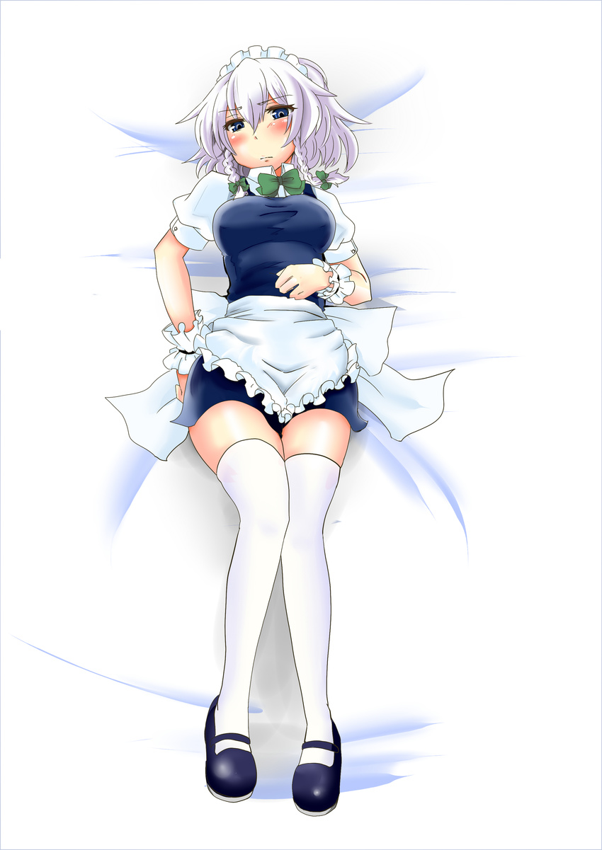 absurdres blue_eyes blush breasts highres izayoi_sakuya large_breasts mary_janes shoes silver_hair solo thighhighs touhou wakie white_legwear wrist_cuffs