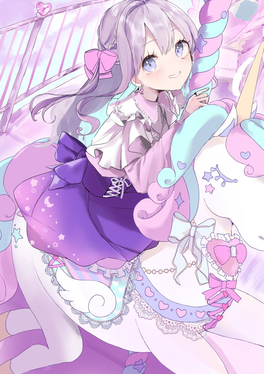 1girl absurdres akebisousaku back_bow blush bow braid carousel collared_dress dress earrings grey_hair grin hair_bow heart heart_earrings highres jewelry long_hair long_sleeves looking_at_viewer original purple_eyes ring sidesaddle sitting smile solo unicorn