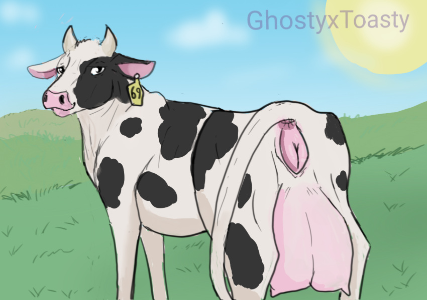 anus bovid bovine breasts butt cattle female feral genitals ghostyxtoasty grass horn mammal nipples outside plant pussy solo sun tail teats udders