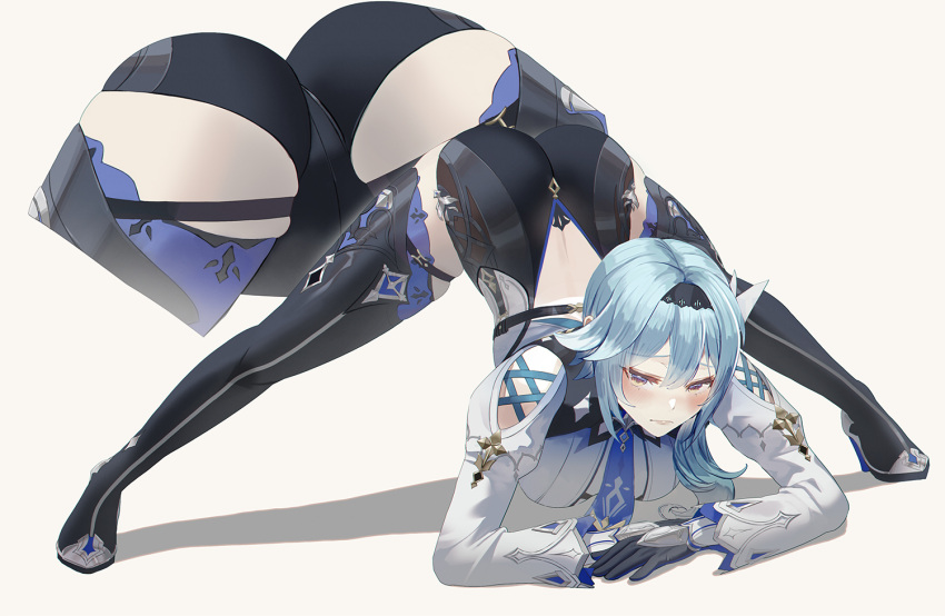 ass black_gloves blue_hair boots brown_eyes crotch eula_(genshin_impact) frown genshin_impact gloves jack-o'_challenge long_hair rdy shirt simple_background thigh_boots white_shirt