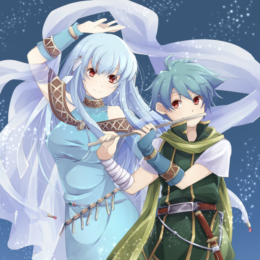 1boy 1girl aqua_hair blue_hair cape circlet dress fire_emblem fire_emblem:_rekka_no_ken flute gloves hair_ornament highres instrument long_hair looking_at_viewer mamkute mememefe nils ninian nintendo open_mouth red_eyes scarf short_hair simple_background smile