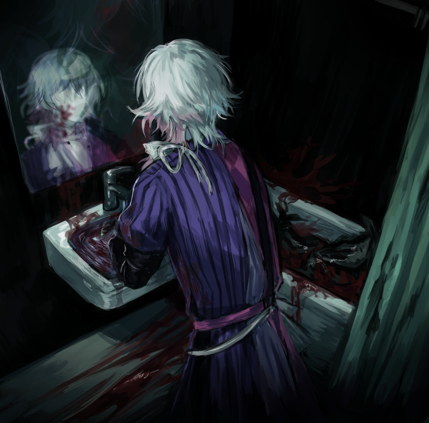 1boy absurdres argyle_clothes argyle_coat bathroom bathtub blood blood_drip blood_on_clothes blood_on_face blood_splatter coat dark_background english_commentary faceless from_behind gavis_bettel gavis_bettel_(1st_costume) highres holostars holostars_english horror_(theme) male_focus mirror multicolored_coat multicolored_hair nonsensemanna pool_of_blood scarf shower_curtain sink solo standing striped_coat surreal vertical-striped_coat virtual_youtuber washing_hands white_hair white_scarf