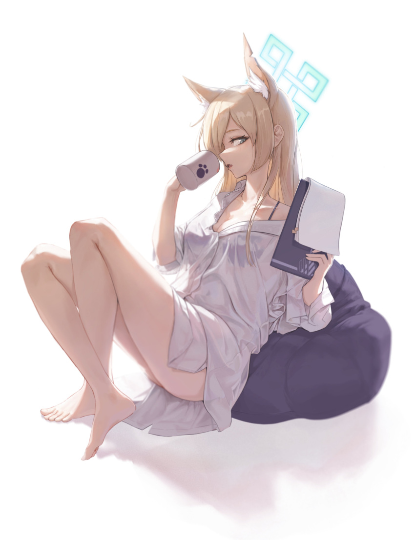 1girl 723_chfhrqur absurdres alternate_costume animal_ear_fluff animal_ears bare_legs barefoot bean_bag_chair black_bra blonde_hair blue_archive blue_halo bra breasts cleavage clipboard coffee_mug collarbone cup extra_ears feet full_body grey_eyes hair_over_one_eye halo highres holding holding_clipboard holding_cup kanna_(blue_archive) knees_up large_breasts legs long_hair long_sleeves looking_at_viewer mug open_mouth paw_print see-through see-through_shirt sharp_teeth shirt simple_background sitting solo tablet_pc teeth toes underwear white_background white_shirt
