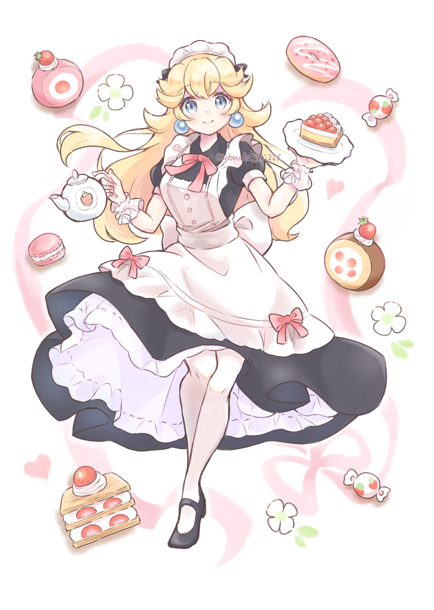 1girl alternate_costume apron artist_name black_footwear blonde_hair blue_eyes cake cake_slice doughnut earrings food highres holding holding_plate holding_teapot jewelry konata_w1225 long_hair looking_at_viewer macaron maid maid_headdress mario_(series) neck_ribbon pantyhose pink_ribbon plate princess_peach ribbon shoes short_sleeves solo sphere_earrings teapot waist_apron white_apron white_pantyhose wrist_cuffs