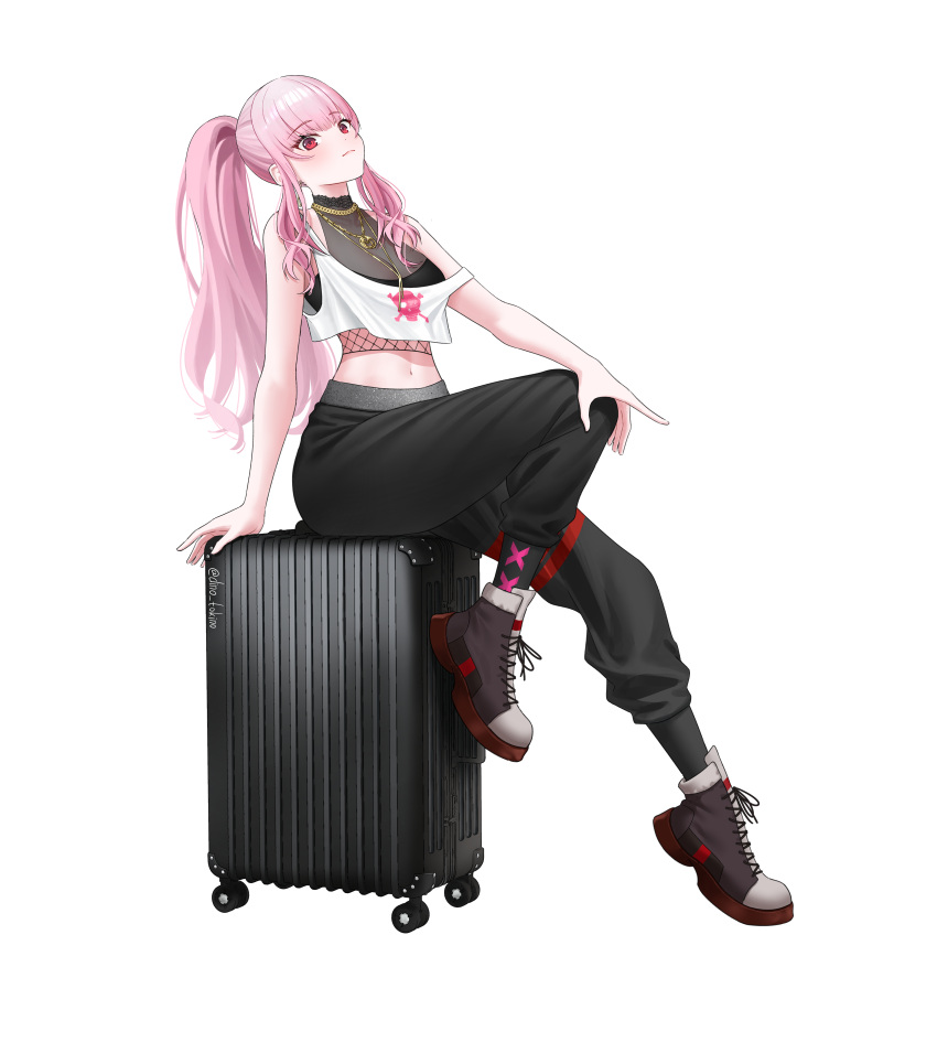 1girl absurdres black_pants blush crop_top dino_tokino earrings full_body highres hololive hololive_english jewelry long_hair looking_at_viewer mori_calliope mori_calliope_(streetwear) navel necklace pants pink_hair ponytail red_eyes sitting smile solo strap_slip suitcase sweatpants twitter_username virtual_youtuber white_background