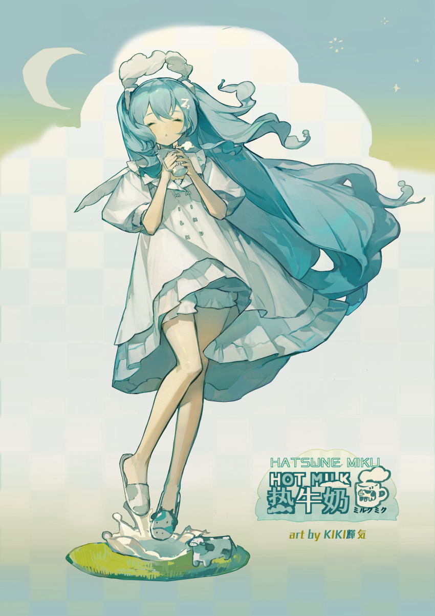 1girl absurdres artist_name bloomers blue_hair bow buttons checkered_background closed_eyes closed_mouth cloud crescent_moon dress english_commentary frilled_dress frills full_body hair_bow hair_ornament hands_up hatsune_miku highres holding kikihuihui long_hair moon own_hands_together puffy_short_sleeves puffy_sleeves short_sleeves smile solo standing standing_on_one_leg very_long_hair vocaloid water watermark white_bow white_dress wings