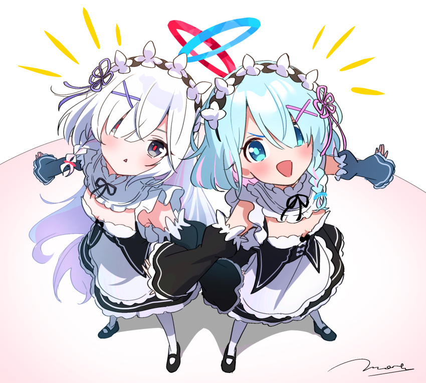 2girls :&lt; arona_(blue_archive) black_footwear black_ribbon blue_archive blue_eyes blue_hair blue_halo blue_pupils blush breasts colored_inner_hair commentary_request cosplay detached_sleeves frilled_sleeves frills hair_ornament hair_over_one_eye hair_ribbon halo head_wreath highres long_hair looking_at_viewer maid maid_headdress meruto0924 multicolored_hair multiple_girls open_mouth pink_ribbon plana_(blue_archive) purple_ribbon ram_(re:zero) ram_(re:zero)_(cosplay) re:zero_kara_hajimeru_isekai_seikatsu red_halo red_pupils rem_(re:zero) rem_(re:zero)_(cosplay) ribbon ribbon-trimmed_clothes ribbon_trim roswaal_mansion_maid_uniform short_hair signature simple_background small_breasts white_background white_hair x_hair_ornament