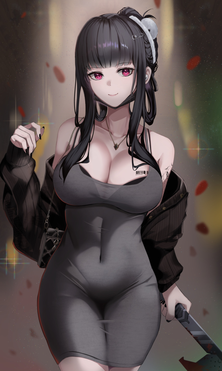 1girl absurdres axe barcode barcode_tattoo bare_shoulders black_bra black_dress black_hair black_nails blunt_bangs bra breast_tattoo breasts butterfly_tattoo closed_mouth collarbone d_(killer_wife)_(nikke) d_(nikke) dongtan_dress dress goddess_of_victory:_nikke hatchet_(axe) heart heart_necklace highres holding holding_weapon jewelry large_breasts long_hair meme_attire nail_polish necklace off_shoulder official_alternate_costume pigu_56100 red_eyes smile solo sweater tattoo underwear weapon